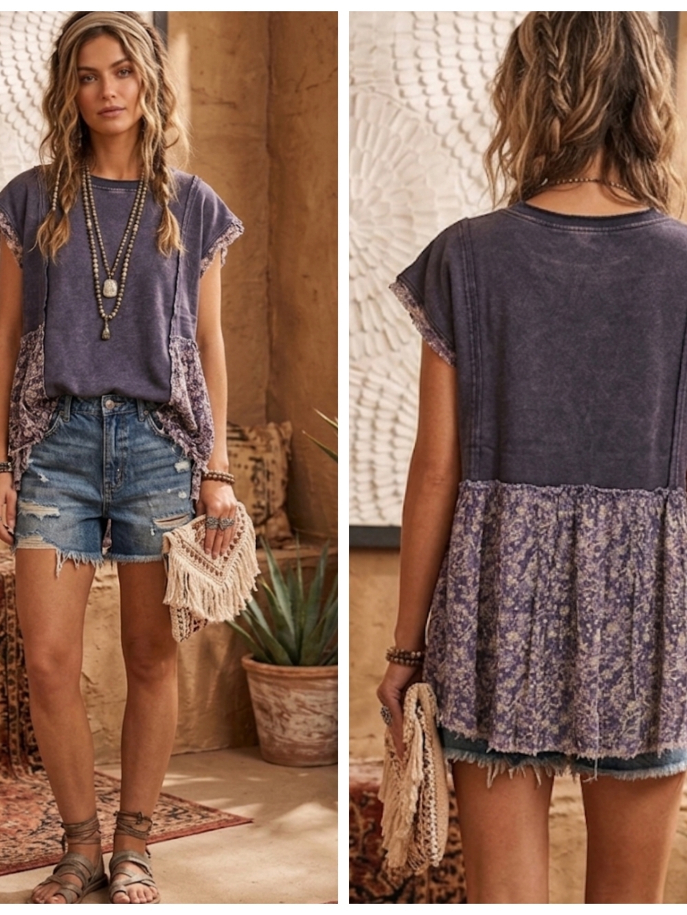 Oli & Hali Washed Purple Floral-Back Short Sleeve Tunic